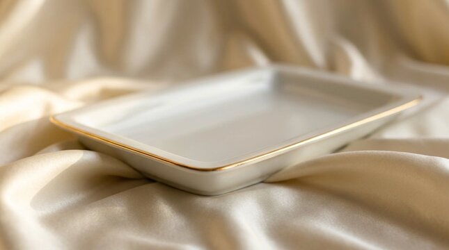 Elegant white rectangular porcelain serving dish with thin gold trim resting on softly draped cream satin fabric in warm ambient light, luxury tableware photography