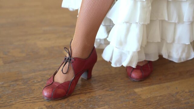Flamenco Dancer Wearing Traditional Flamenco Shoes Close Up on Stage