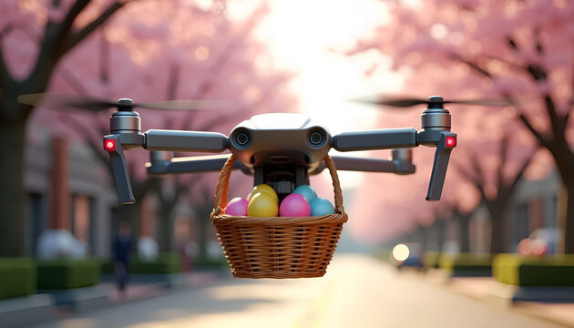 Modern delivery drone flying through a blooming spring street carrying a wicker basket filled with colorful Easter eggs, innovative logistics technology, high tech shipping, and seasonal holiday