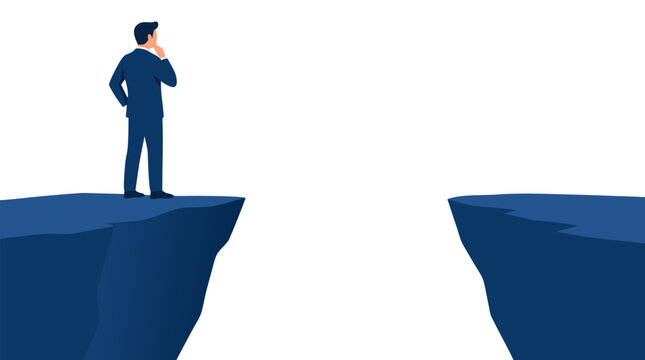 Businessman standing at cliff edge pondering decision gap, flat vector illustration with bold blue tones, isolated on clean white background for business concepts