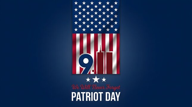 Horizontal banner template for September 11 Patriot Day with vertical US flag, red twin towers silhouette, and We Will Never Forget commemorative message.