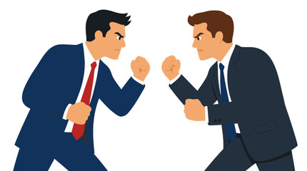 Fototapeta premium Two businessmen facing each other confrontationally with fists raised, workplace conflict, bold flat colors, office dispute, angry colleagues, vector illustration