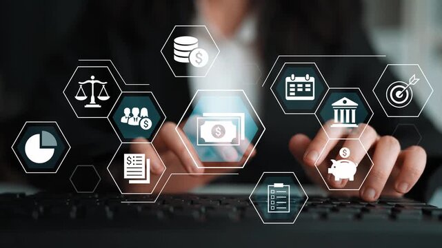 Business Finance Concept with Digital Icons, Hands Typing on Keyboard, Various Financial Symbols Like Money, Law, Planning, and Analysis, Financial Management Gluon.