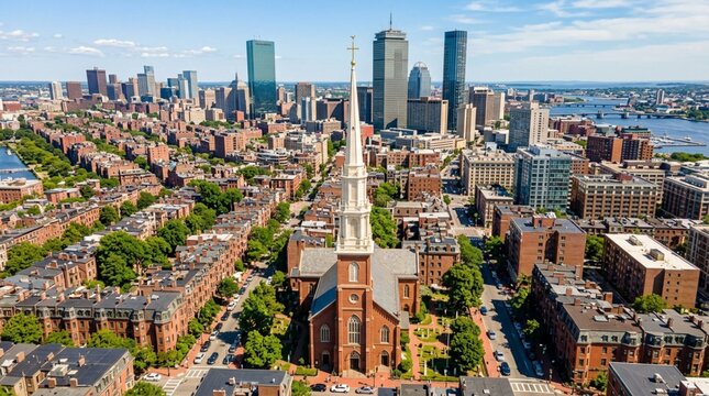 Aerial photograph of a sunlit cityscape featuring a historic red-brick church with a tall white spire in the foreground, surrounded by brick residential buildings and modern glass skyscrapers in the