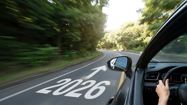 Driver on scenic country road with 2026 year road marking symbol direction motivation transportation lifestyle perspective planning