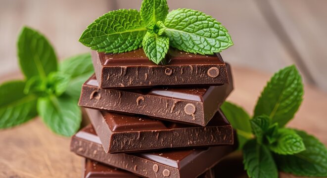 Artisanal dark chocolate squares stacked with fresh green mint leaves on a rustic wooden surface. Macro view showing rich texture and cocoa, green, ingredient, rustic