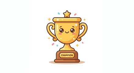 Cute Cartoon Golden Trophy Cup With Champion Label