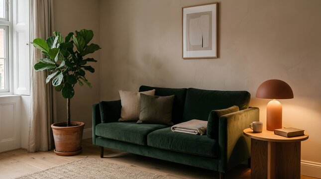 Minimalist living room with dark green velvet sofa, small round wooden side table, terracotta dome table lamp, fiddle leaf fig plant, framed wall art, neutral warm interior design, cozy home decor