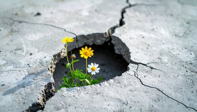 A tiny plant with a white and yellow flower breaking through a large crack in a concrete surface, symbolizing hope and resilience