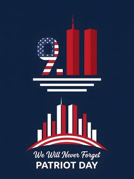 Patriotic 9/11 memorial vertical poster design with circular star flag emblem, twin towers, red and white city skyline, and We Will Never Forget text.