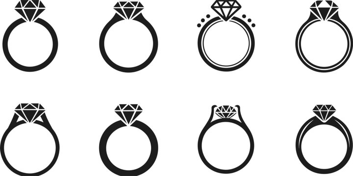 Collection of eight diamond engagement ring icons in black silhouette on white jewelry wedding
