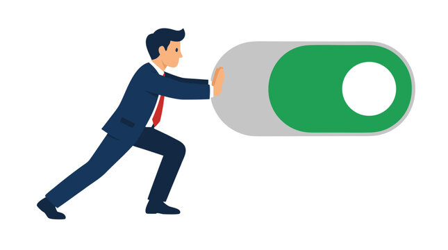 Businessman pushing large toggle switch to on position, startup concept illustration, flat cartoon businessman in dark suit with red tie activating green power switch on isolated white background