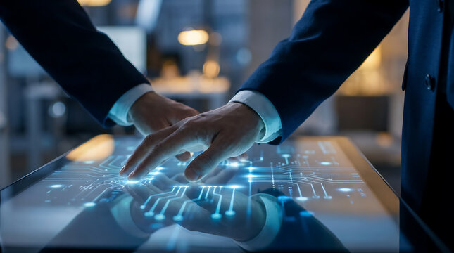 Business professional using a futuristic digital holographic interface to analyze complex data in a modern dark office environment