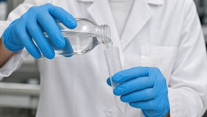 Fototapeta premium Scientist in a lab coat meticulously pouring a clear chemical solution from a bottle into a test tube during an experiment, highlighting laboratory research and chemical analysis
