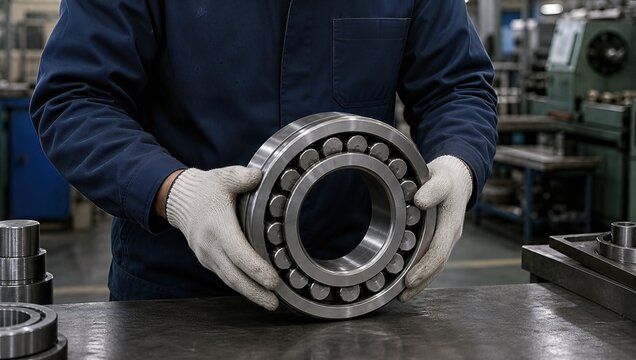 Industrial worker holding large steel roller bearing in factory workshop close up