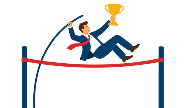 Businessman pole vaulting over red finish line ribbon holding golden trophy, flat bold color vector illustration on clean white background, success achievement concept