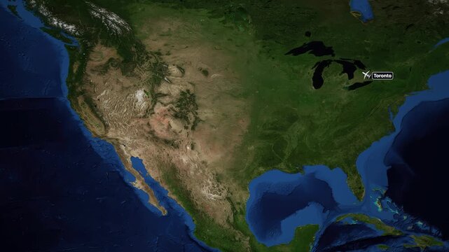 Animated Flight Map Route from Toronto to Seattle Over North America