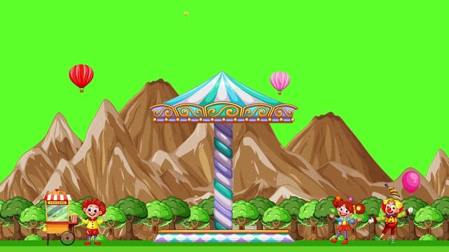 Animated Carnival Scene with Carousel and Hot Air Balloons on Green Screen