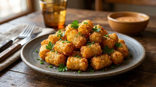 Golden crispy tater tots piled on a matte ceramic plate, garnished with fresh parsley and chives, served beside a glass of beer and creamy dipping sauce on rustic wood