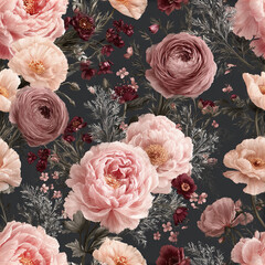 Fototapeta premium Soft pink and burgundy flowers with delicate green leaves create seamless shabby chic botanical pattern full of gentle beauty