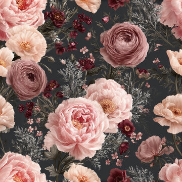 Soft pink and burgundy flowers with delicate green leaves create seamless shabby chic botanical pattern full of gentle beauty