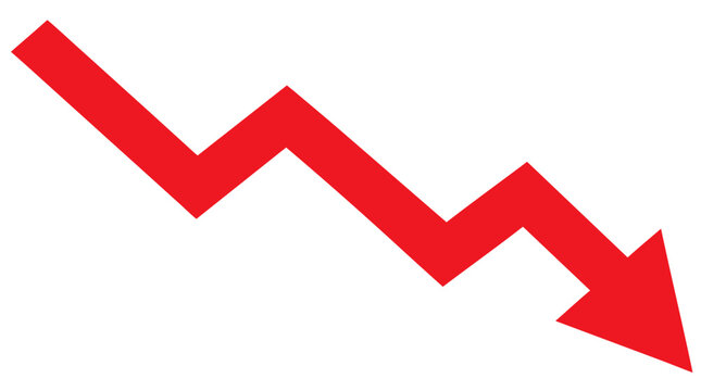 Bold red downward trending zigzag arrow symbolizing percentage decrease, falling interest rates, recession, economic decline, stock market crash, financial loss, and negative growth on white