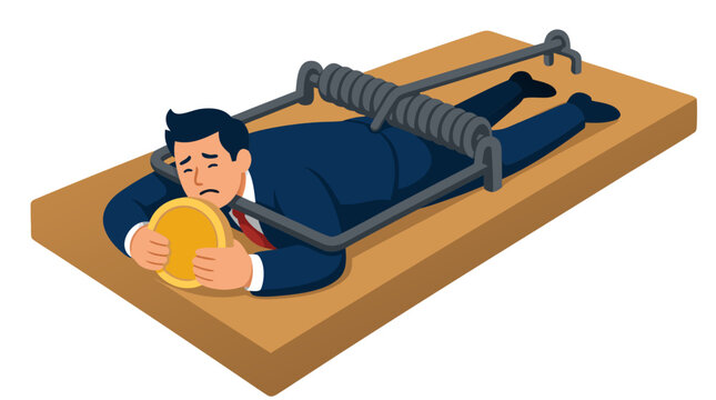 Businessman trapped in mouse trap clutching gold coin, bold flat colors, white background, vector illustration depicting financial risk and greedy investment trap concept