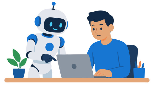 Friendly humanoid robot assisting young male worker at desk with laptop, flat design vector illustration on white background, blue and white color palette, AI technology concept