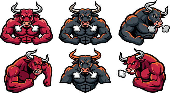 Angry Bull Mascot Vector Collection with Muscular Red and Black Bison Characters Snorting Steam for Sports Team Branding, Gym Logos, and Esports Gaming Badges