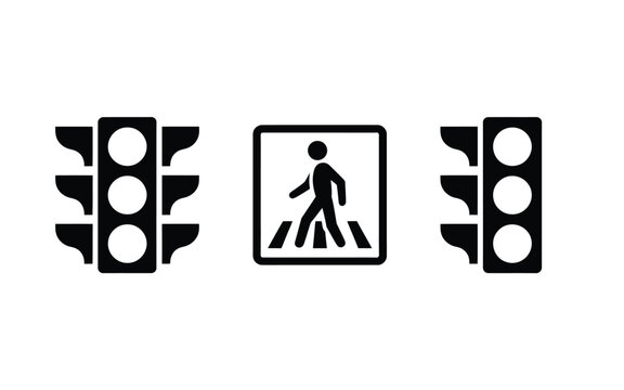 Traffic light and pedestrian crossing icon set featuring stoplights and zebra crossing sign isolated on white background