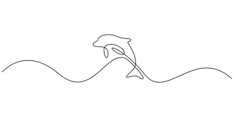 Obraz premium Dolphin continuous line art vector illustration for marine life and ocean conservation. Minimalist continuous line drawing of a jumping dolphin over ocean waves for marine branding.