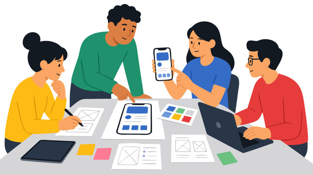 Diverse team of developers collaborating around table reviewing wireframes, UI design mockups and mobile app interface prototypes on smartphone, laptop, and printed sketches