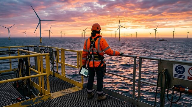 Offshore wind farm technician standing on a maintenance platform wearing safety harness and holding a digital tablet while overseeing wind turbines at sea during a colorful sunset.
