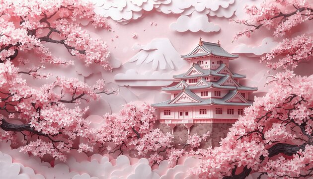 3D paper cut style Japanese castle surrounded by blooming pink cherry blossom sakura trees