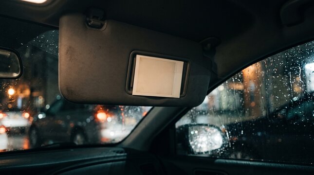 Blank instant photo in car sun visor on rainy night with bokeh lights