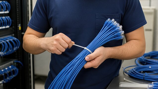IT technician organizing blue network cables with a zip tie in a server room