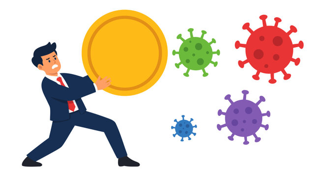 Stressed businessman struggling to hold giant gold coin surrounded by colorful floating virus particles, bold flat vector illustration concept