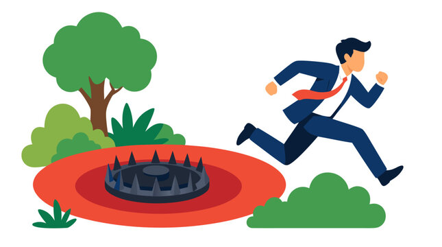 Businessman sprinting away from dangerous spiked trap in summer park, flat vector illustration with bold colors showing urgency, risk, and panic avoidance concept on clean background