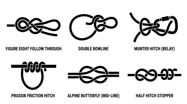 Set of six essential climbing and outdoor utility knots with labels.