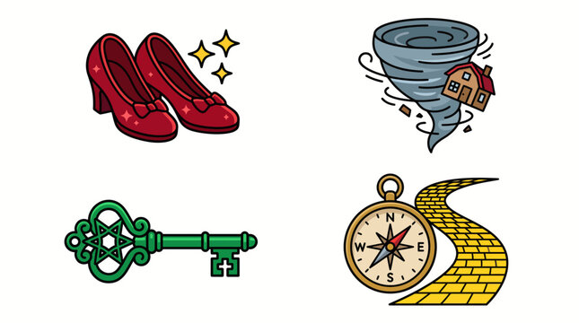 Set of Wizard of Oz fantasy story icons including ruby slippers and yellow brick road.