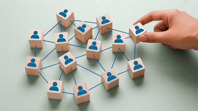 Human connection with wooden blocks and person icon network during concept development