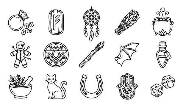 Tribal shamanism runes and witchcraft ritual thin line icons vector set for folk magic esoteric mobile interface UI UX design