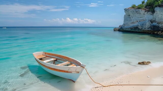 Small wooden boat moored in clear turquoise water beside a tropical sandy beach
