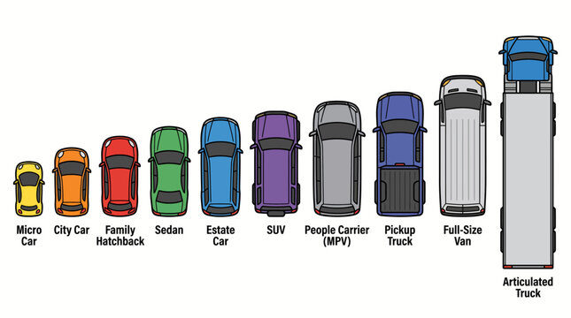 Top view comparison of different types of road vehicles arranged by size.