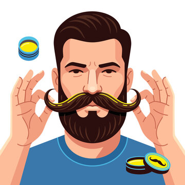 Stylish man with a well-groomed beard and mustache using grooming product for styling facial hair