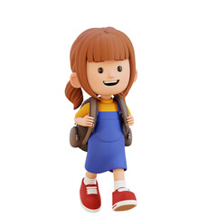 3D Cartoon Girl Walking to School Daily Education Activity Concept