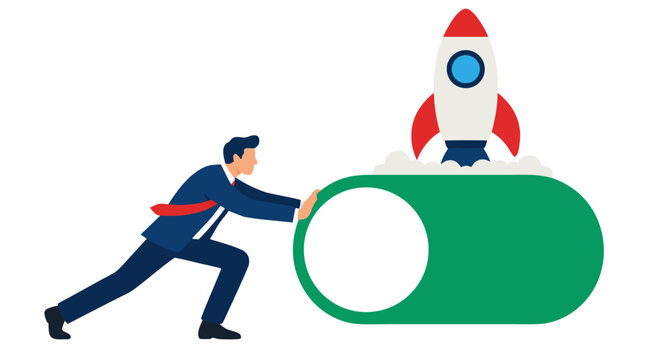 Businessman pushing giant rocket launch switch toggle button upward, bold flat startup success metaphor with white background rocket illustration