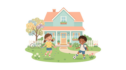 Naklejka premium Children playing in front of a suburban house