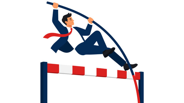 Confident businessman in suit pole vaulting over red and white barrier, bold flat colors vector illustration on clean white background