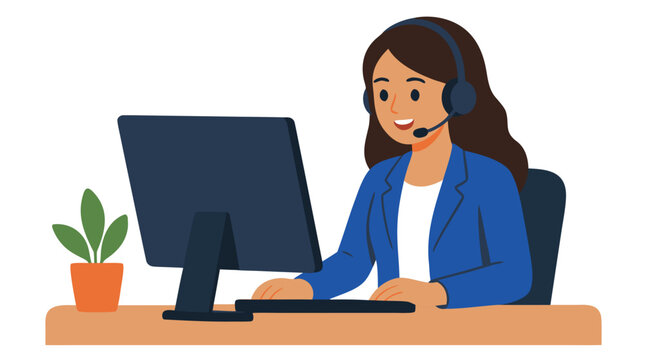 Smiling female customer service representative with headset working at desk computer, flat design vector illustration of professional support agent helping client in office workspace
